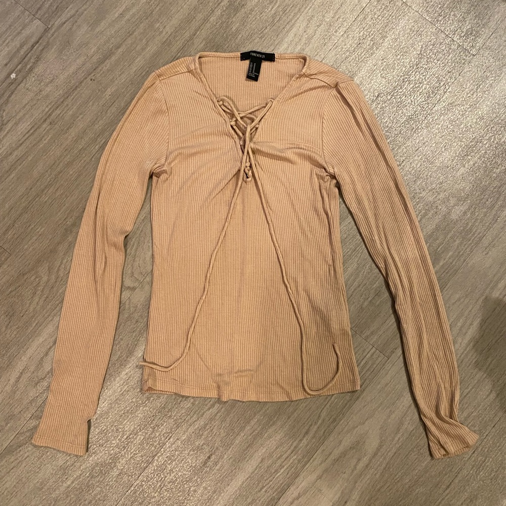 Forever 21 Beige Lace Up Long Sleeve Top